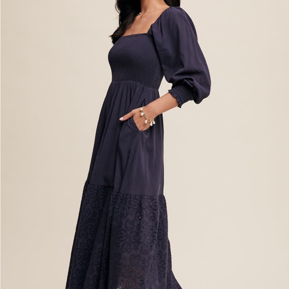 Navy Blue Smocked Eyelet Lace Hem Maxi Dress